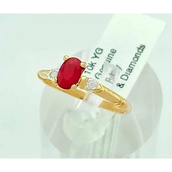 Genuine 0.69 Cts Ruby & Diamonds Ring 10k Yellow Gold